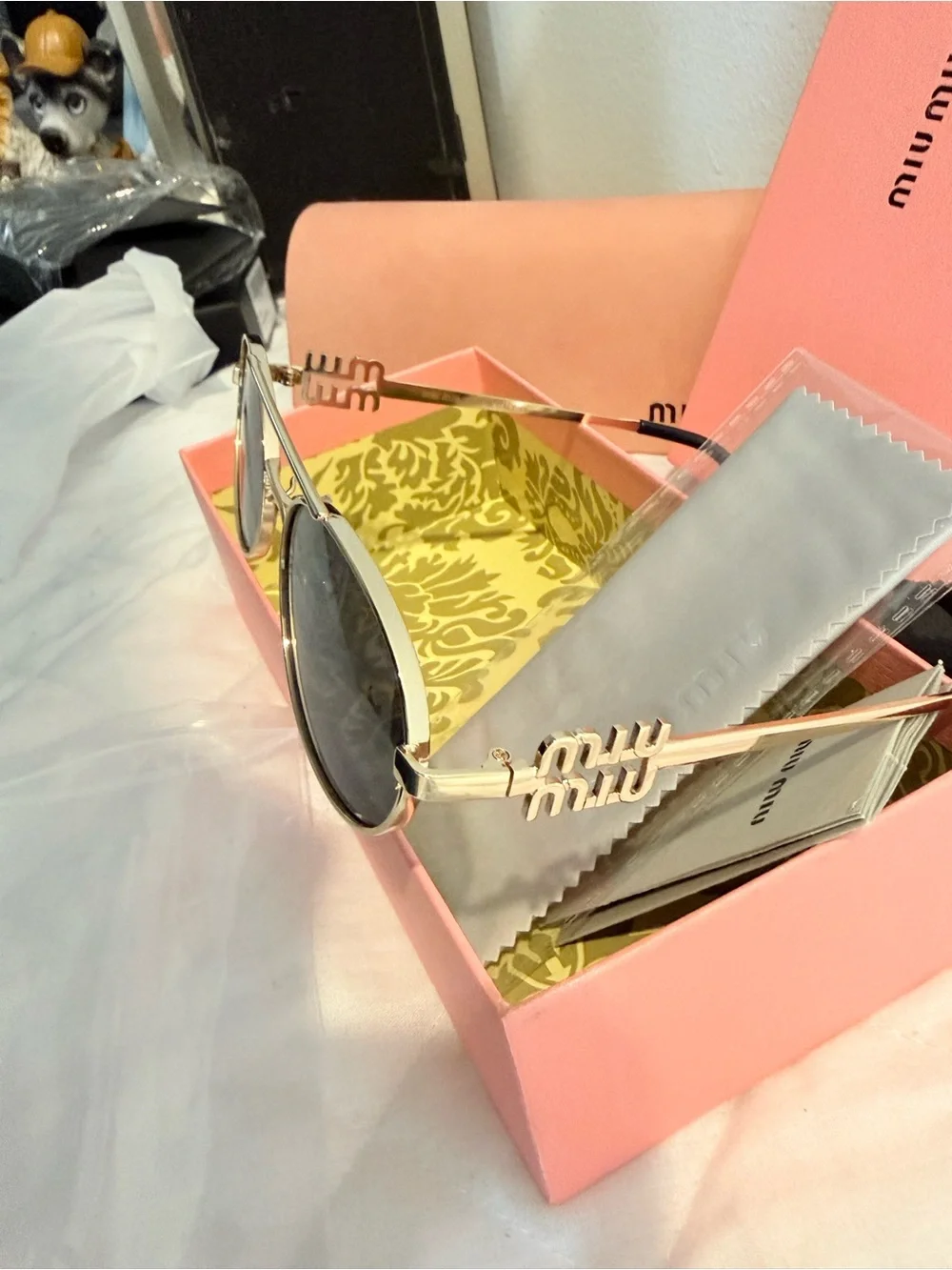 Miu Miu Gold Frame Black Lens Sunglasses with Pink Case